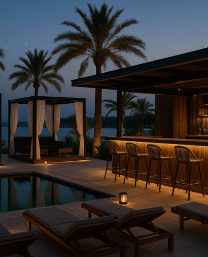 Gün batımında modern beach club tasarımı – VIP localar, havuz kenarı bar alanı ve metal detaylarla sahil ambiyansı