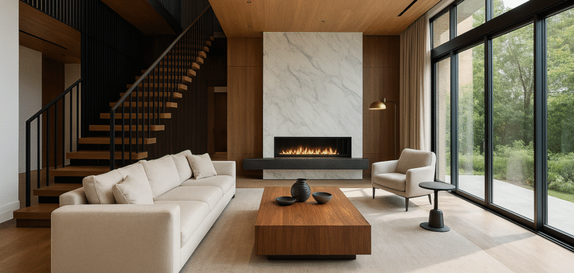 Lüks villa iç mekan tasarımı – modern şömine, doğal ışık, ahşap ve metal detaylarla döşenmiş geniş salon