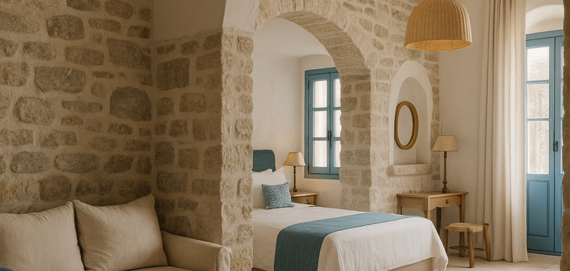 Alaçatı taş duvarlı butik otel iç mekanı – mavi detaylı, bohem-modern iç mimari