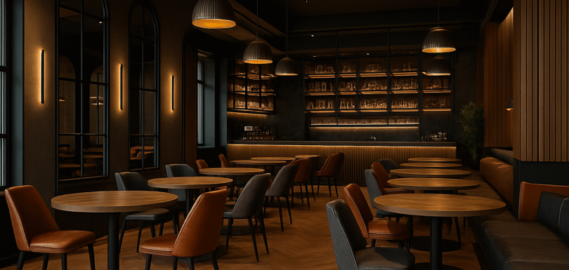 Modern iç mekan kafe tasarımı, ahşap ve metal detaylı lüks dekorasyon – Asafoğlu Metal