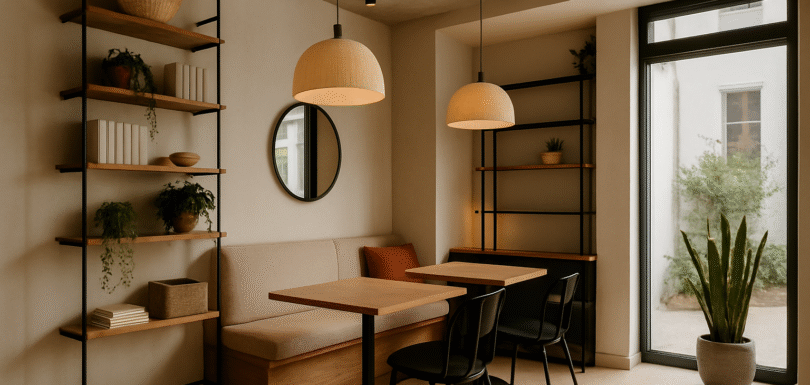 Küçük bir kafe iç mekanı – açık tonlarda duvarlar, metal raflar, doğal ışık ve fonksiyonel masa düzeni