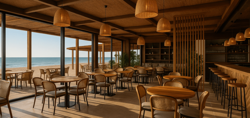 Kuşadası beach club iç mekan tasarımı – ahşap ve rattan ağırlıklı modern dekorasyon