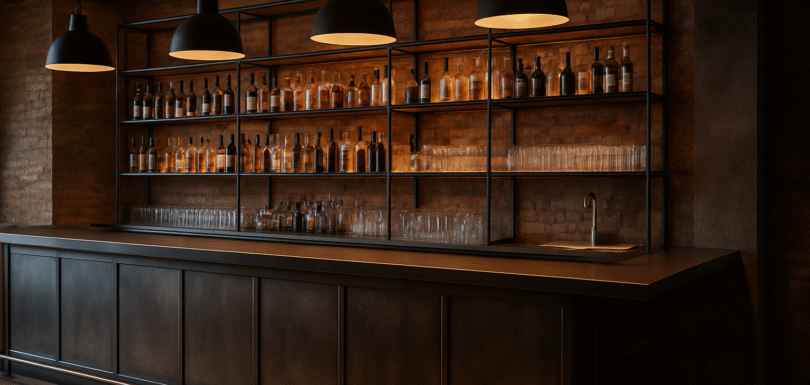 Endüstriyel tasarıma sahip modern metal bar ünitesi – arka raf sistemi, aydınlatma detayları ve koyu renk konsept