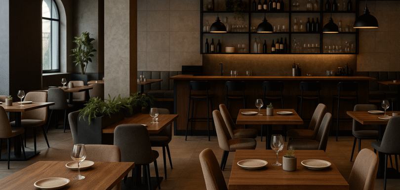 Modern restoran iç mekanı – düzenli masa yerleşimi, aydınlatmalı bar ünitesi ve doğal tonlarda dekorasyon