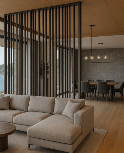 Kuşadası’nda deniz manzaralı modern villa iç mekanı, paslanmaz çelik seperatörle bölünmüş şık oturma ve yemek alanı.
