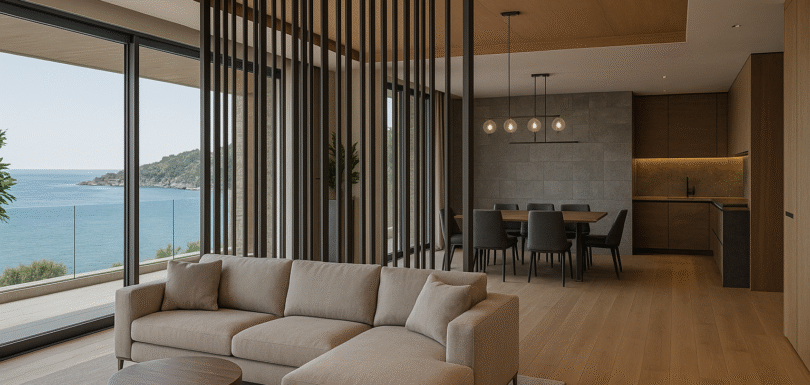 Kuşadası’nda deniz manzaralı modern villa iç mekanı, paslanmaz çelik seperatörle bölünmüş şık oturma ve yemek alanı.