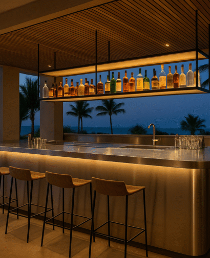 Paslanmaz çelik bar tezgahıyla tasarlanmış sahil konseptli modern açık hava bar alanı