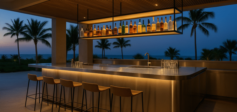 Paslanmaz çelik bar tezgahıyla tasarlanmış sahil konseptli modern açık hava bar alanı