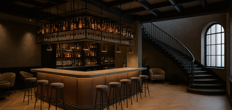 Lüks bir lounge alanında, özel üretim metal bar tasarımı ve siyah metal korkuluklarla çevrili modern iç mekan. Ahşap zemin, ambiyans aydınlatmaları ve zarif dekorasyon detaylarıyla İzmir'deki bir projeye ait Asafoğlu Metal imzası taşıyan iç mimari uygulama.